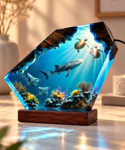 Whale Shark Resin Lamp, Ocean Turtle Manta Ray Epoxy Night Light, Underwater Coral Reef Decor, Unique Christmas Gift for Him