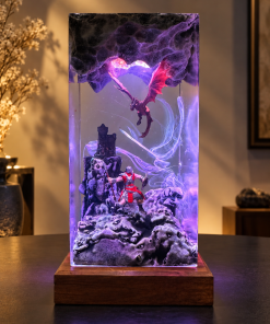 Dragon vs Knight Resin Lamp, Epic Fantasy Battle Diorama, Medieval LED Night Light, Unique DND Gamer Gift