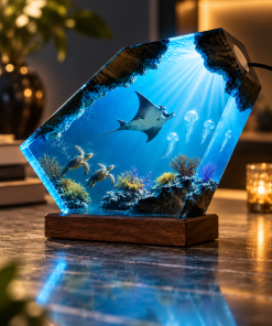 Ocean Resin Lamp, Manta Ray & Sea Turtle Ocean Diorama, Coastal Home Decor